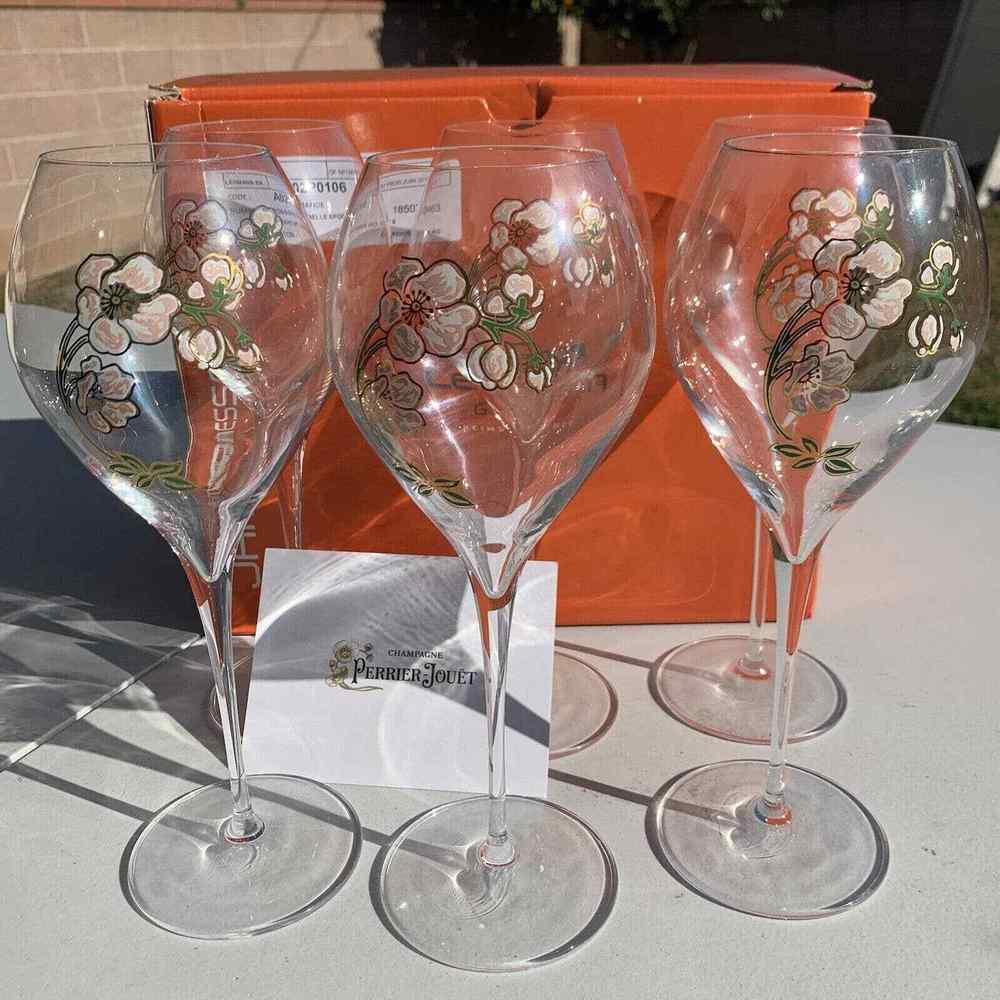 Perrier Jouet Verre Belle Epoque Hand Painted Animone Grand Champagne 6pc Set